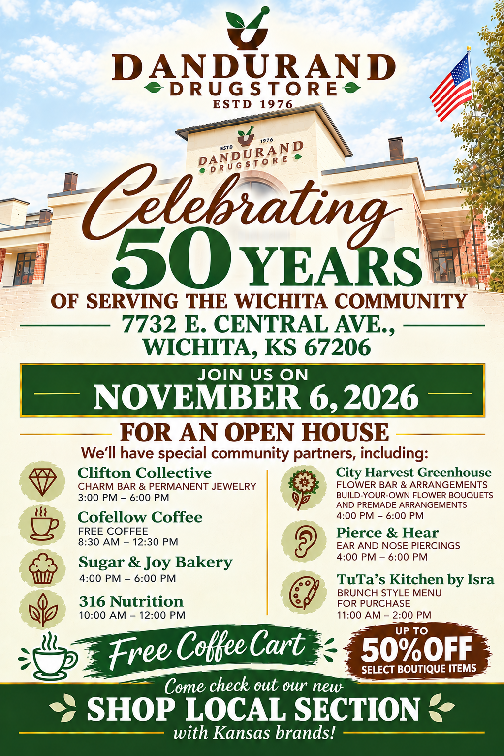 50th Anniversary Open House flyer — November 6, 2026 at 7732 E. Central Ave., Wichita