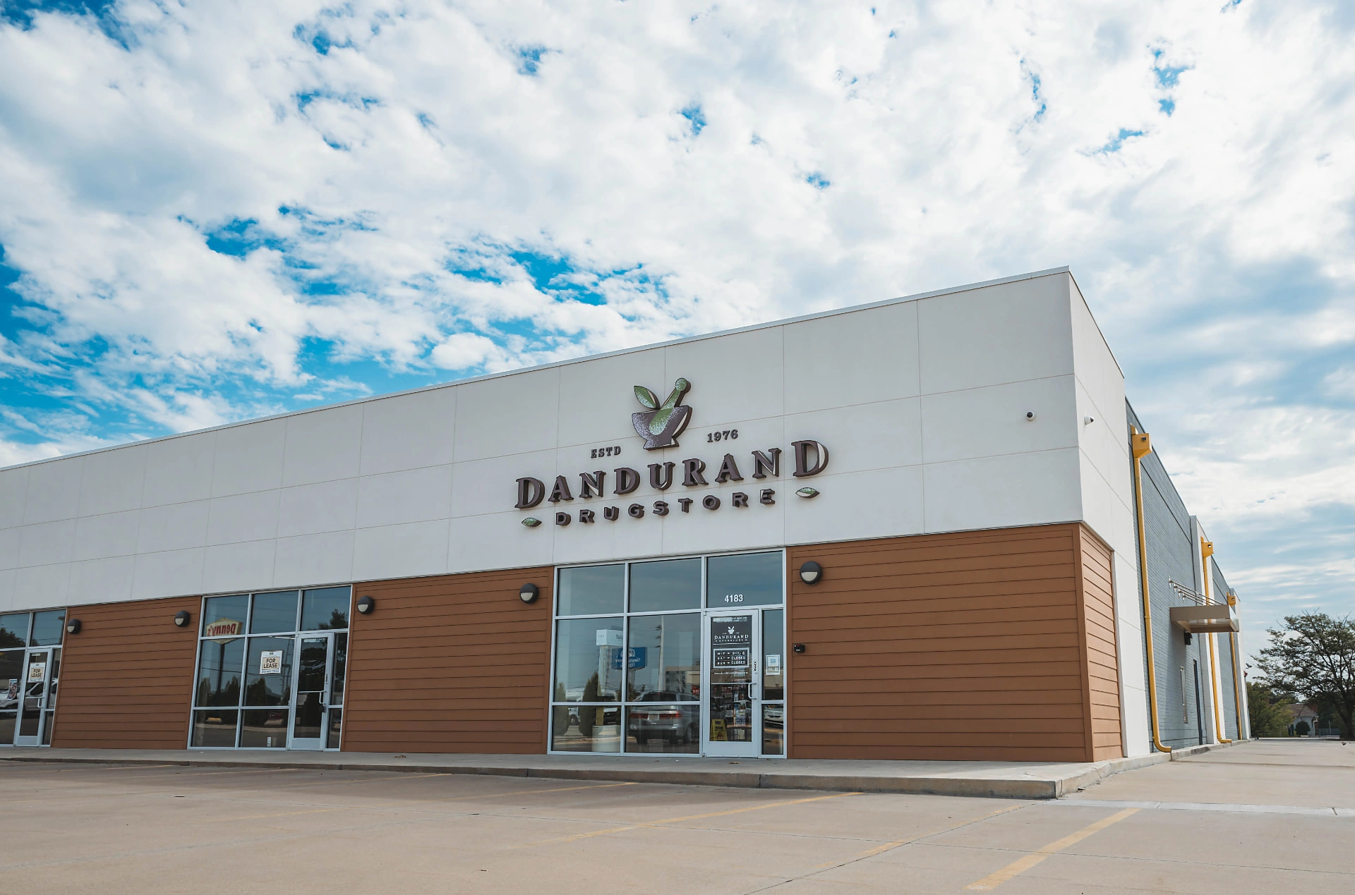 Dandurand Drugstore storefront on E. Harry St in Wichita, KS