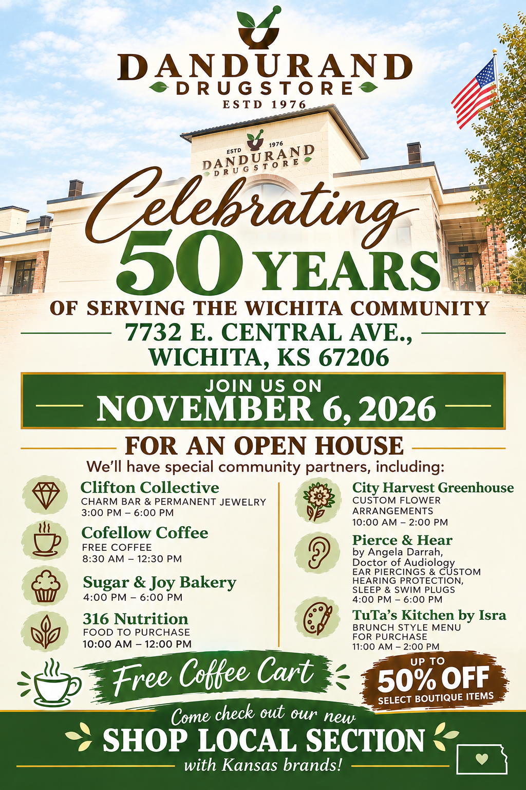 50th Anniversary Open House flyer — November 6, 2026 at 7732 E. Central Ave., Wichita
