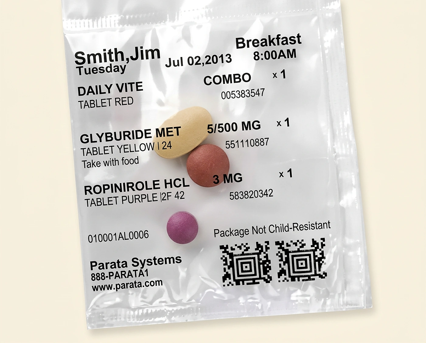A single daily strip-packaging pouch with labeled medications and supplements inside