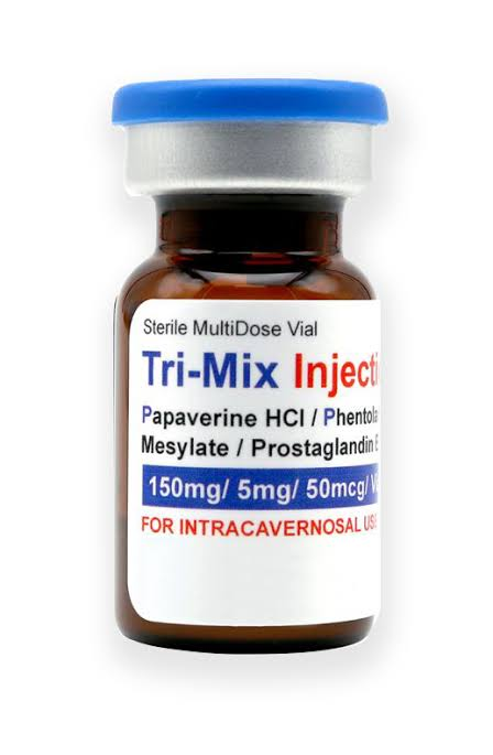 Sterile multidose vial of compounded Tri-Mix injectable, prepared and labeled in our Wichita lab