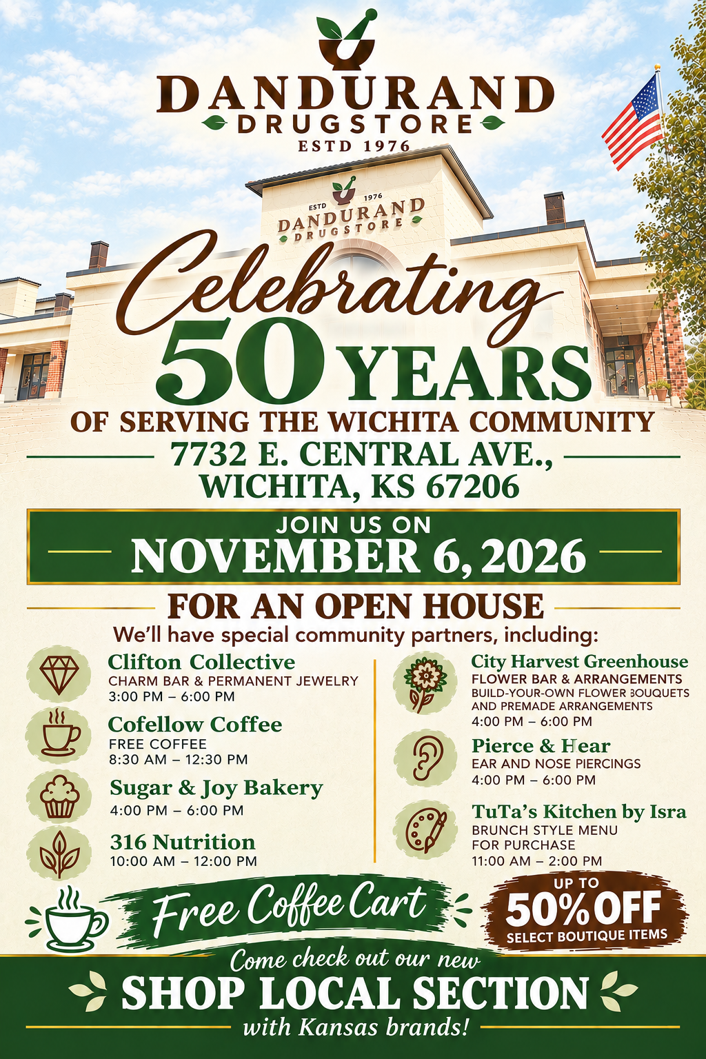 50th Anniversary Open House flyer — November 6, 2026 at 7732 E. Central Ave., Wichita