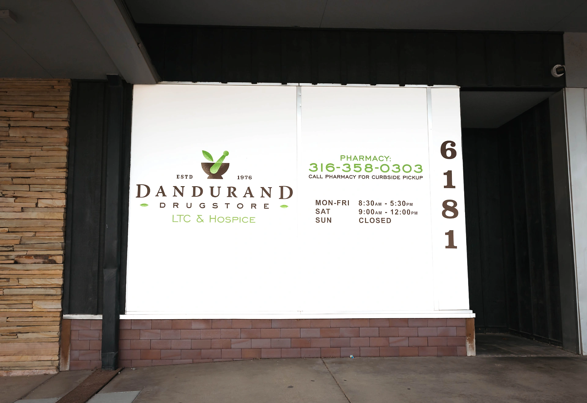 Dandurand Drugstore LTC & Hospice storefront at 6181 in Wichita, KS with pharmacy hours