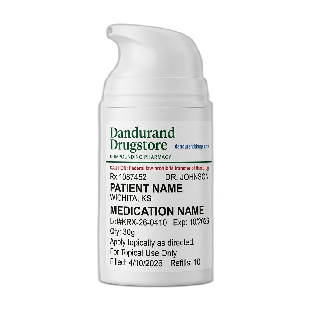 A compounded topical cream in a Dandurand Drugstore labeled pump bottle