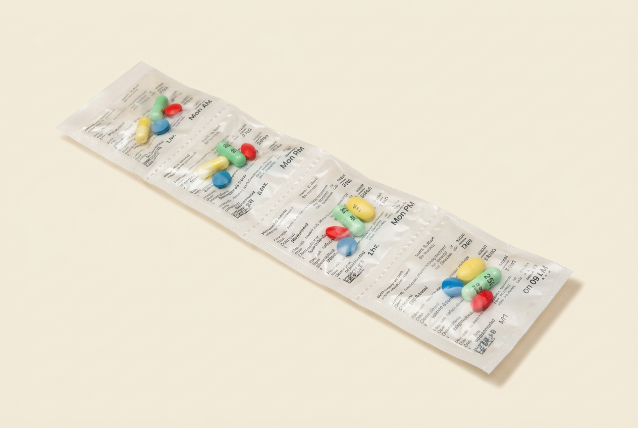 Daily supplement strip packaged together with vitamins and medications